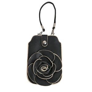 Black Faux Leather Mellow World Cellphone Wristlet Holder With Flower